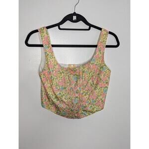 Tank Top Womens Medium Yellow Floral Square Neck Zip Cropped Lined Bustier